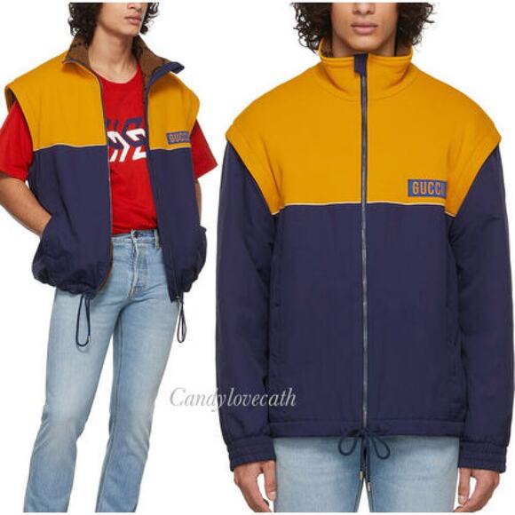 NWT Gucci two-tone Technical jersey jacket Navy Yellow Size S - Picture 2 of 16
